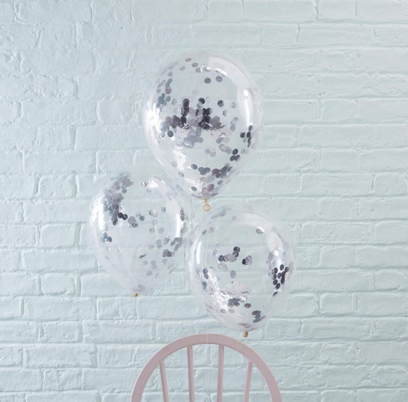 Pack of 5 silver confetti balloons for celebrations, adding glamour to parties with shimmering effects.