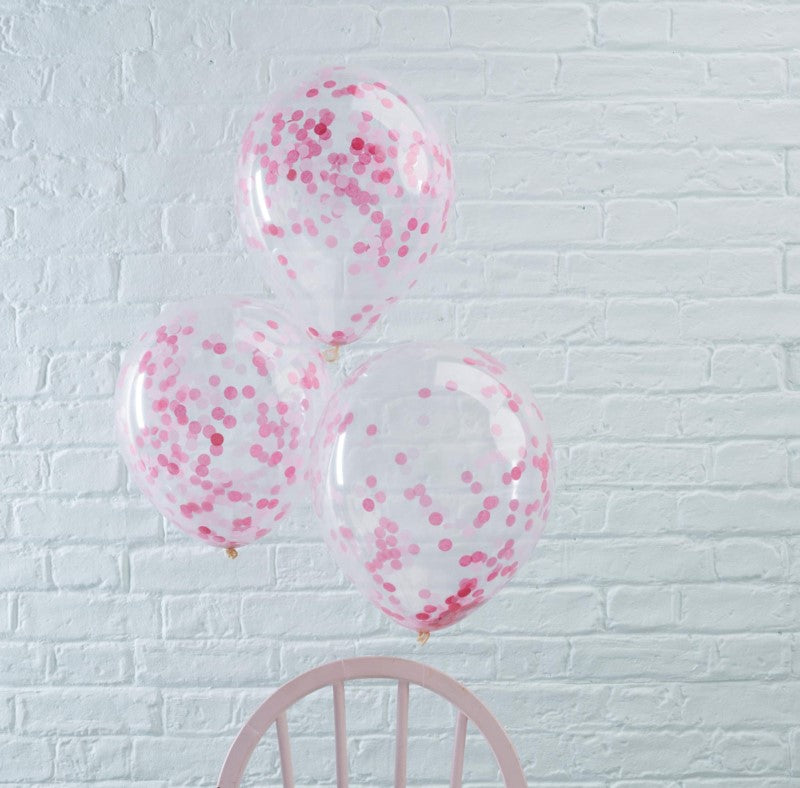 Pack of 5 pink confetti balloons, 12-inch, perfect for parties and celebrations, designed by Ginger Ray.