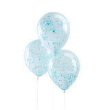 Pack of 5 blue confetti balloons, 12 inches, perfect for celebrations and baby showers, made of high-quality foil and latex.