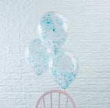 Blue confetti balloons pack of 5, 12 inches, made of foil and latex, perfect for celebrations and baby showers.