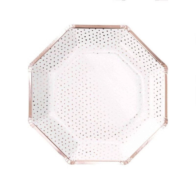 Rose gold spotty paper plates in a pack of 8, perfect for stylish party decor and easy cleanup at any celebration.