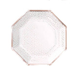 Rose gold spotty paper plates in a pack of 8, perfect for stylish party decor and easy cleanup at any celebration.