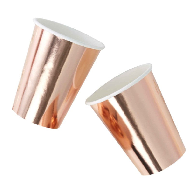 Pack of 8 elegant rose gold cups, eco-friendly and perfect for stylish drinks at any celebration.