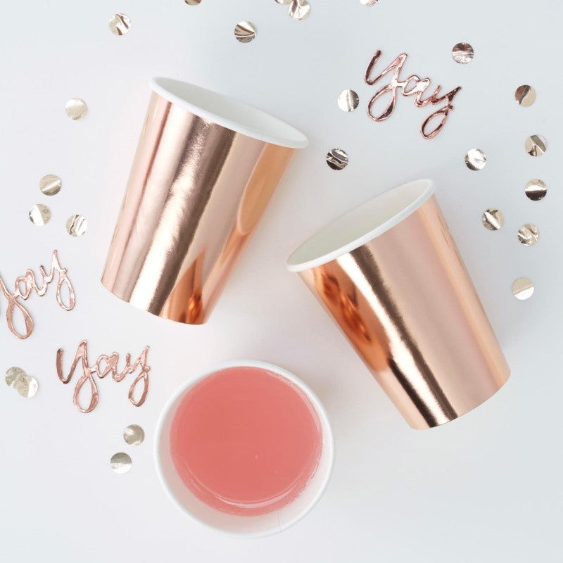 Elegant 9oz rose gold paper cups in a pack of 8, perfect for stylish entertaining at celebrations and events.