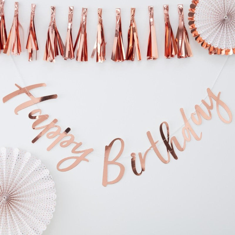 Rose gold "Happy Birthday" bunting, 1.8m long, perfect for elegant party decorations and creating a festive atmosphere.