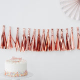 Rose gold tassel garland measuring 2m, featuring 15 foil tassels for elegant party decor and easy assembly.