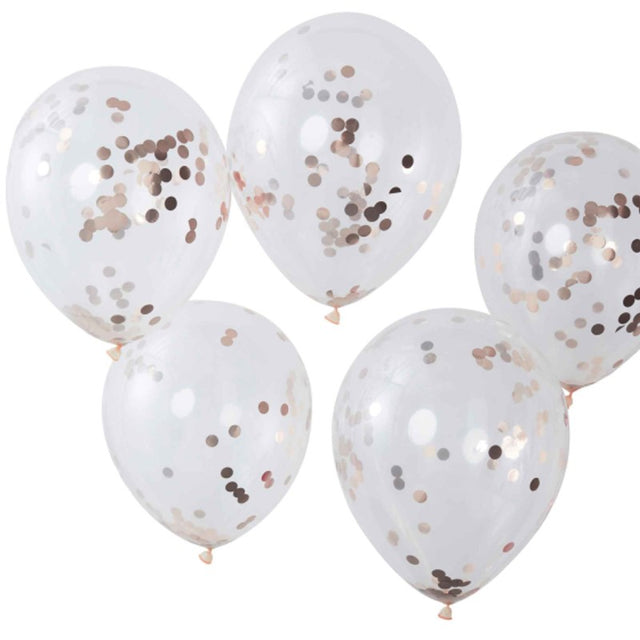 Pack of 5 rose gold confetti balloons, 30cm, ideal for adding glamour to any celebration.