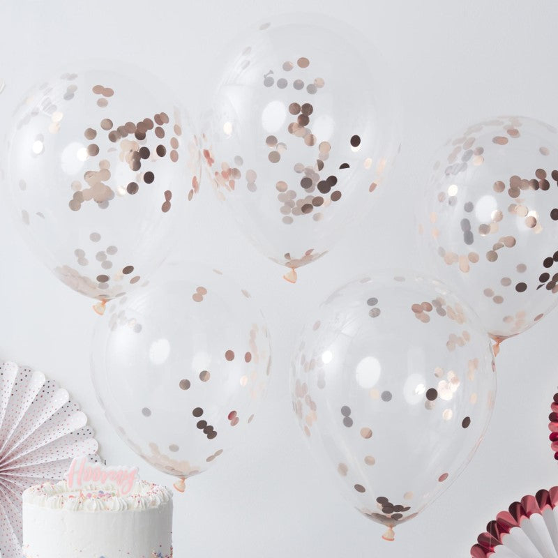 Pack of 5 rose gold confetti balloons, 30cm each, perfect for adding glamour to any celebration.