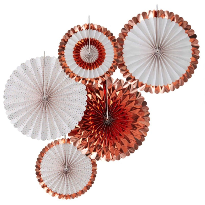 Rose gold paper fans in assorted sizes, perfect for elegant party decor and creating stunning backdrops. Pack of 5.