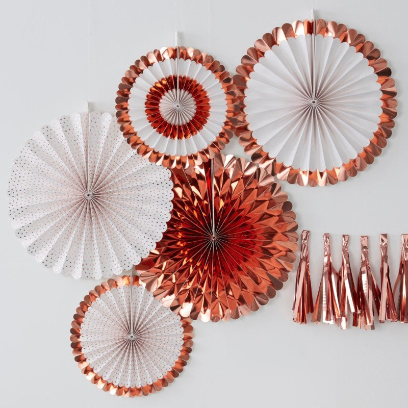 Rose gold fan decorations in a pack of 5, ideal for adding elegance to any celebration with various sizes and designs.