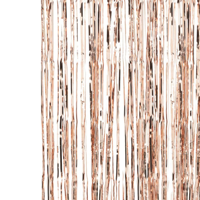 Rose gold fringe curtain measuring 2.5m x 1m, perfect for elegant party backdrops and sparkling photo opportunities.