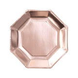 Pack of 8 elegant rose gold paper plates, 25cm, perfect for adding glamour to any celebration or event.