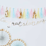 Gold "Congratulations" backdrop measuring 1.5m, perfect for celebrations like weddings and graduations.