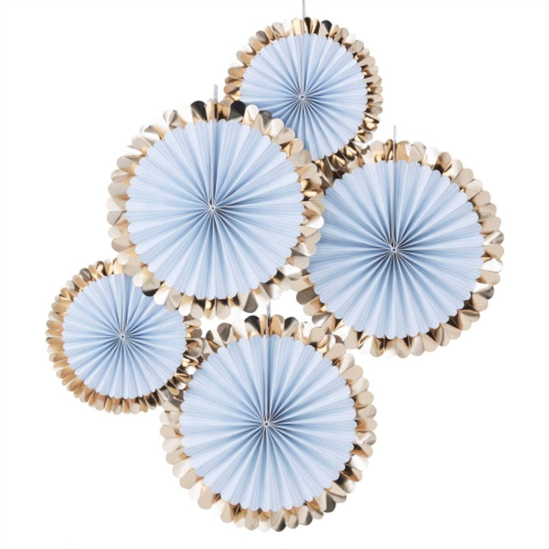 Blue kit of 5 elegant paper fan decorations with gold foiled edges, perfect for events and photo backdrops.