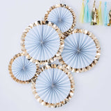 Blue paper fan decorations with gold foiled edges, perfect for parties and photo booths, in a pack of five.