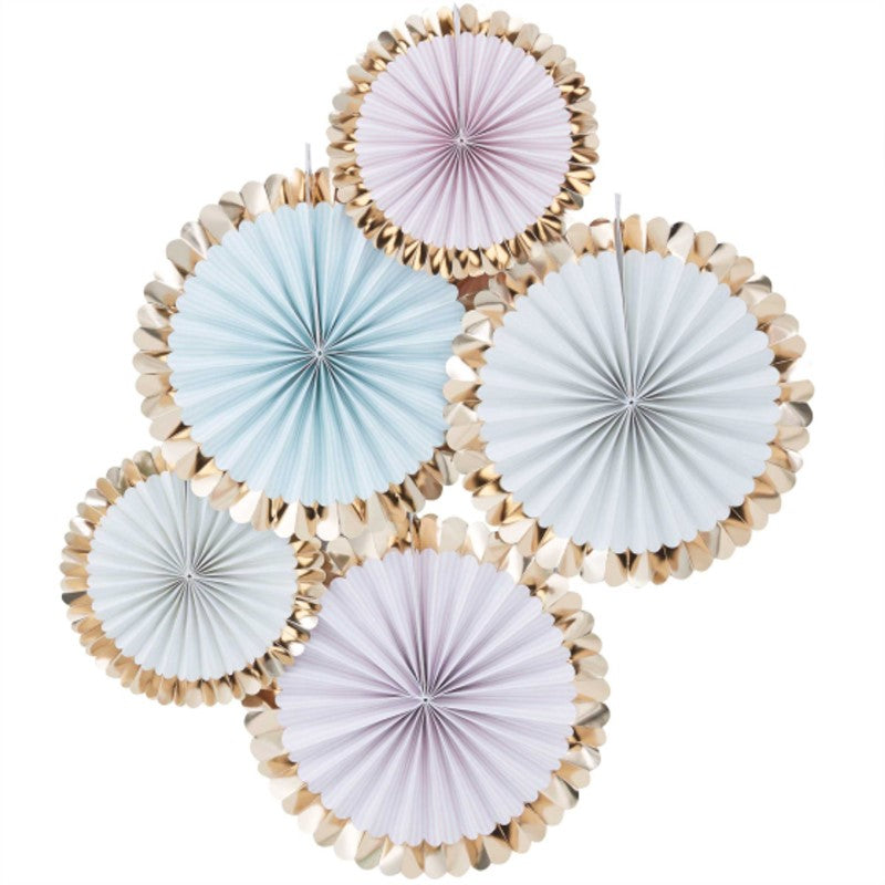 Pastel paper fans with gold scalloped edges, perfect for festive decor and photo backdrops at any celebration.