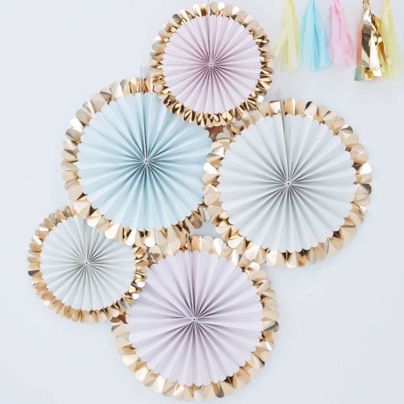 Pastel paper fan decorations with gold foiled edges, perfect for festive backdrops at parties and photo booths.