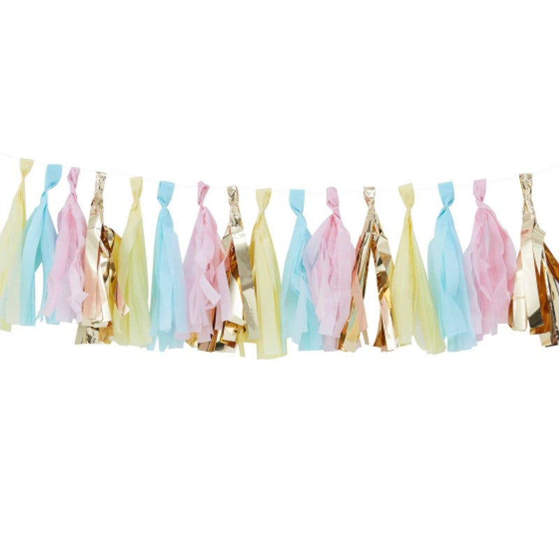 Pastel & gold DIY tassel garland kit, 2M long, with 16 vibrant tassels for festive celebrations and home decor.