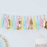 Pastel and gold tassel garland kit, 2M long, featuring 16 vibrant tassels for festive decorations and DIY assembly.