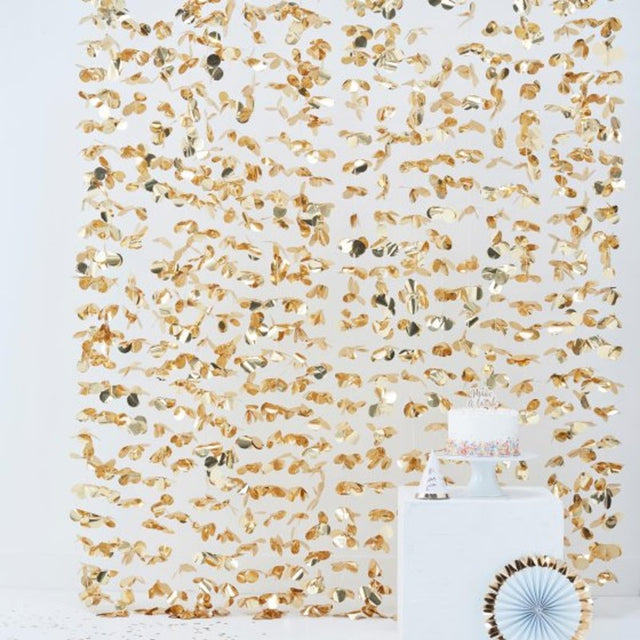 Gold flower curtain backdrop measuring 2m x 1.8m, perfect for enchanting event decor and memorable photo settings.