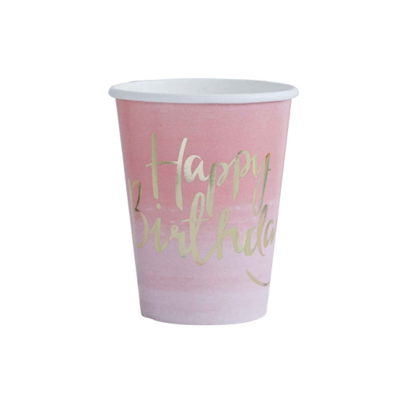 Gold foiled pink ombre paper cups featuring 'Happy Birthday' for stylish celebrations, pack of 8, 9oz capacity.