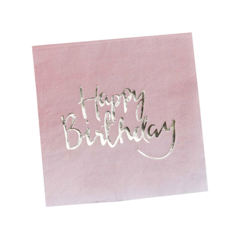 Gold foiled pink ombre napkins with 'Happy Birthday' design, perfect for stylish birthday celebrations, pack of 20.