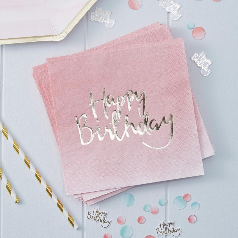 Gold foiled pink ombre 'Happy Birthday' napkins, pack of 20, perfect for stylish celebrations and elegant table settings.