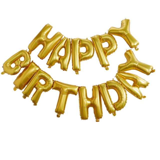 Elegant gold balloon bunting spelling "Happy Birthday," perfect for enhancing birthday party decor and celebrations.