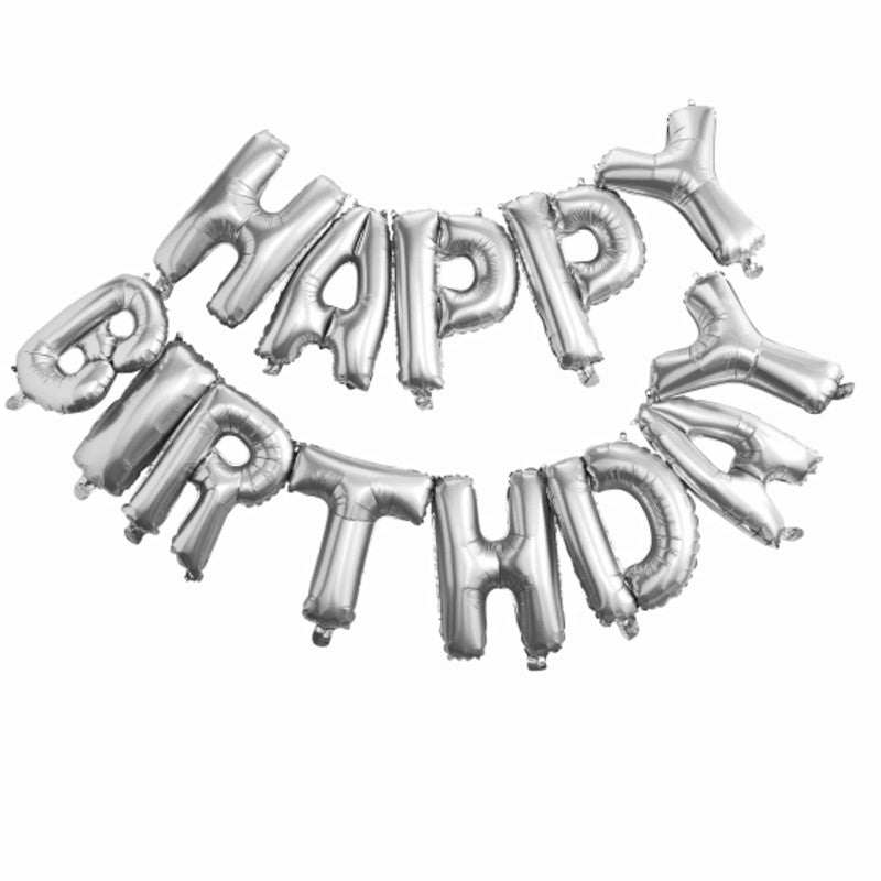 Silver foil birthday balloon bunting spelling "Happy Birthday," perfect for adding glamour to any celebration.