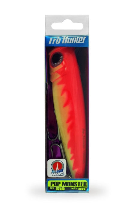 Colorful Pop Monster Lure 150mm - Fire Lumo, featuring 3D eyes, extra-sharp hooks, and a unique glide action for fishing success.