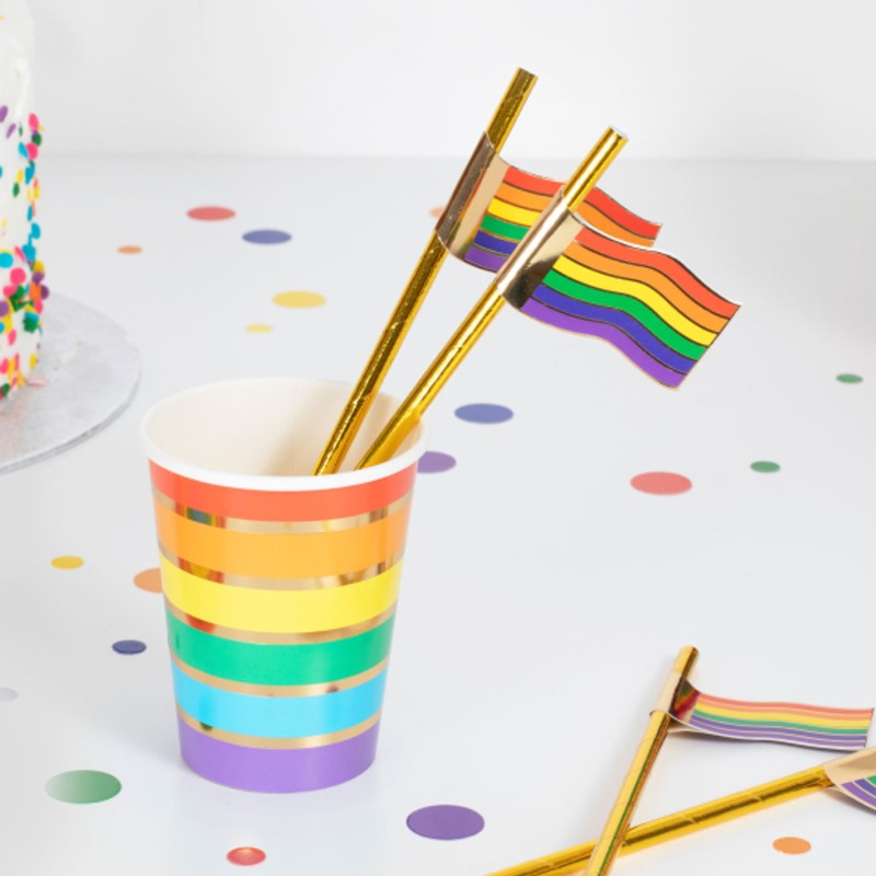 Colorful rainbow flag straws with gold foil accents, perfect for celebrations, parties, and Pride events – pack of 16.