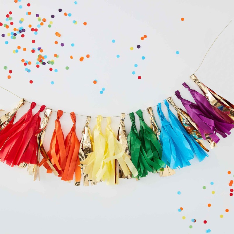 Gold Foil and Rainbow Tassel Garland, 1.5m, featuring 19 vibrant tassels and shimmering gold for festive celebrations.