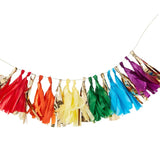 Gold Foil and Rainbow Tassel Garland 1.5m with 19 colorful tassels and shimmering gold, ideal for vibrant celebrations.