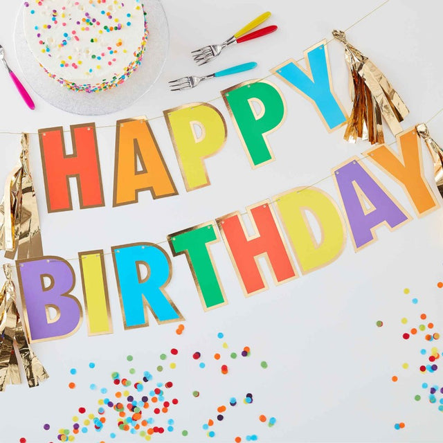 Colorful 3m Rainbow Happy Birthday bunting with gold foil accents, perfect for festive party decor and photo backdrops.