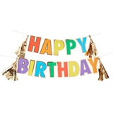 Colorful 3m Rainbow Happy Birthday Bunting with gold foil accents, perfect for festive indoor and outdoor celebrations.