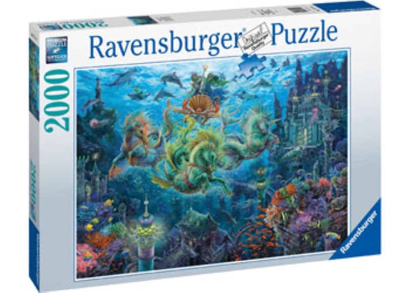 Vibrant Ravensburger Underwater Magic 2000-piece puzzle showcasing colorful marine life and intricate coral designs.