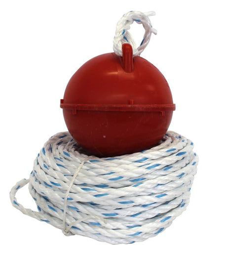 Bright red plastic float with 30m heavy-duty rope for marking cray pots and enhancing fishing activities.