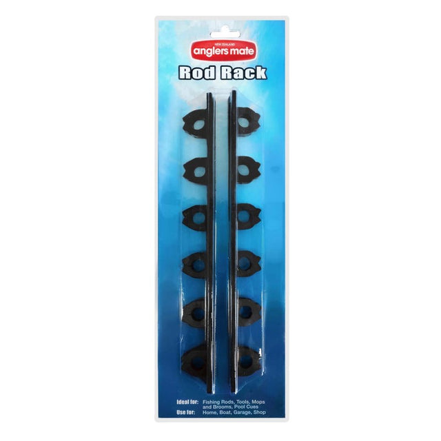 Durable Anglers Mate Rubber Rod Racks for storing up to six fishing rods, ideal for organization and protection.