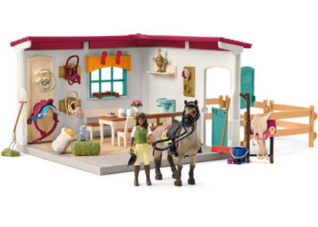 Tack room extension for Schleich horses, featuring realistic shelves, saddles, and bridle hooks for imaginative play.