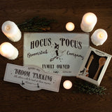 Metal hanging sign featuring a pin-up witch and 'Hocus Pocus Broomstick Company' text, perfect for Halloween decor.