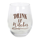 Whimsical stemless wine glass featuring "Drink Up Witches" design, perfect for Halloween or festive celebrations.