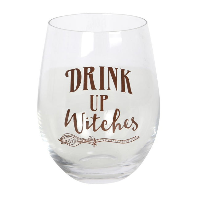 Whimsical stemless wine glass featuring "Drink Up Witches" design, perfect for Halloween or festive celebrations.