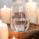 Stylish stemless glass with whimsical "Drink Up Witches" design, perfect for Halloween parties and everyday use.