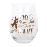 Whimsical stemless glass featuring a flying pin-up witch and the phrase "My broomstick runs on wine," holding 500ml.