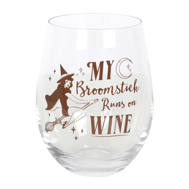 Whimsical stemless glass featuring a flying pin-up witch and the phrase "My broomstick runs on wine," holding 500ml.