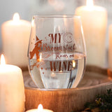 Whimsical stemless wine glass with a flying witch design and the phrase "My broomstick runs on wine," perfect for magical sipping.