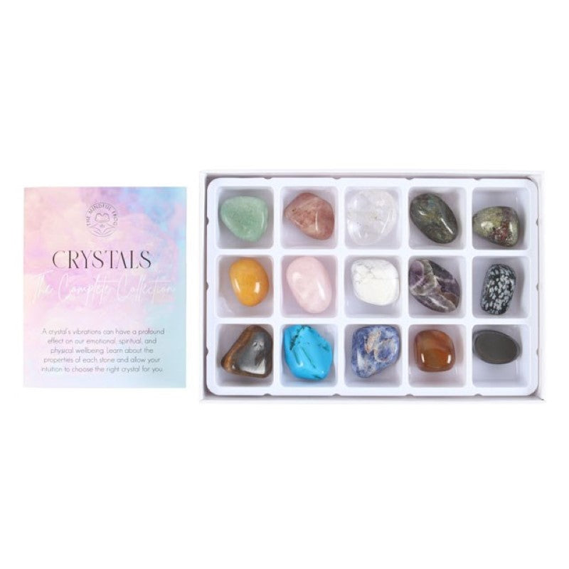 A beautifully packaged gift set of 15 unique tumblestones for crystal healing and chakra balancing, perfect for beginners.