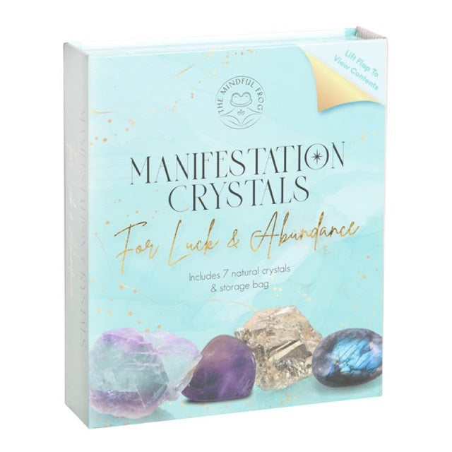 Manifestation Crystal Gift Set with 7 natural gemstones in a faux leather bag, designed for attracting abundance and inner peace.