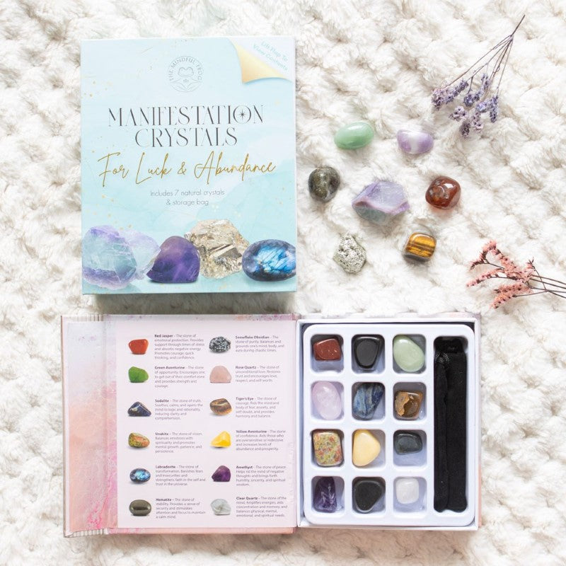 Manifestation Crystal Gift Set featuring 7 natural crystals in a stylish faux leather bag for attracting abundance and positive energy.