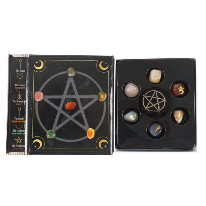 The Witches Guide to Crystals gift set with six unique tumblestones and a velvet bag for crystal healing and divination.